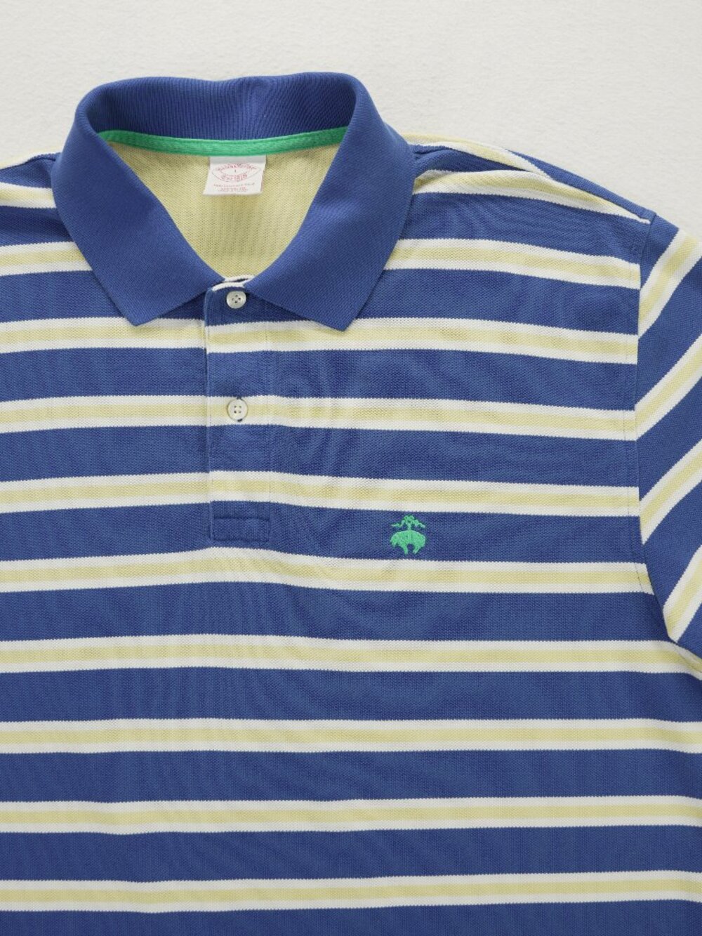 Brooks Brothers Performance Polo Shirt Mens L Short Sleeve Blue Yellow Striped